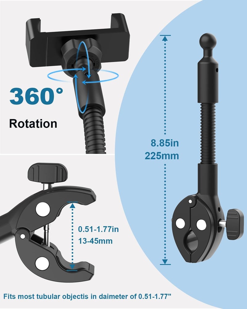 NATDETC Gooseneck Recumbent Exercise Bike Phone Mount, Handlebar Phone Holder Stand for Stroller, Wheelchair, Shopping Cart, Spin Bike, Cell Phone Pole Clamp for 4-7" Smartphone, Fits iPhone 16, Galaxy S24 - Image 4